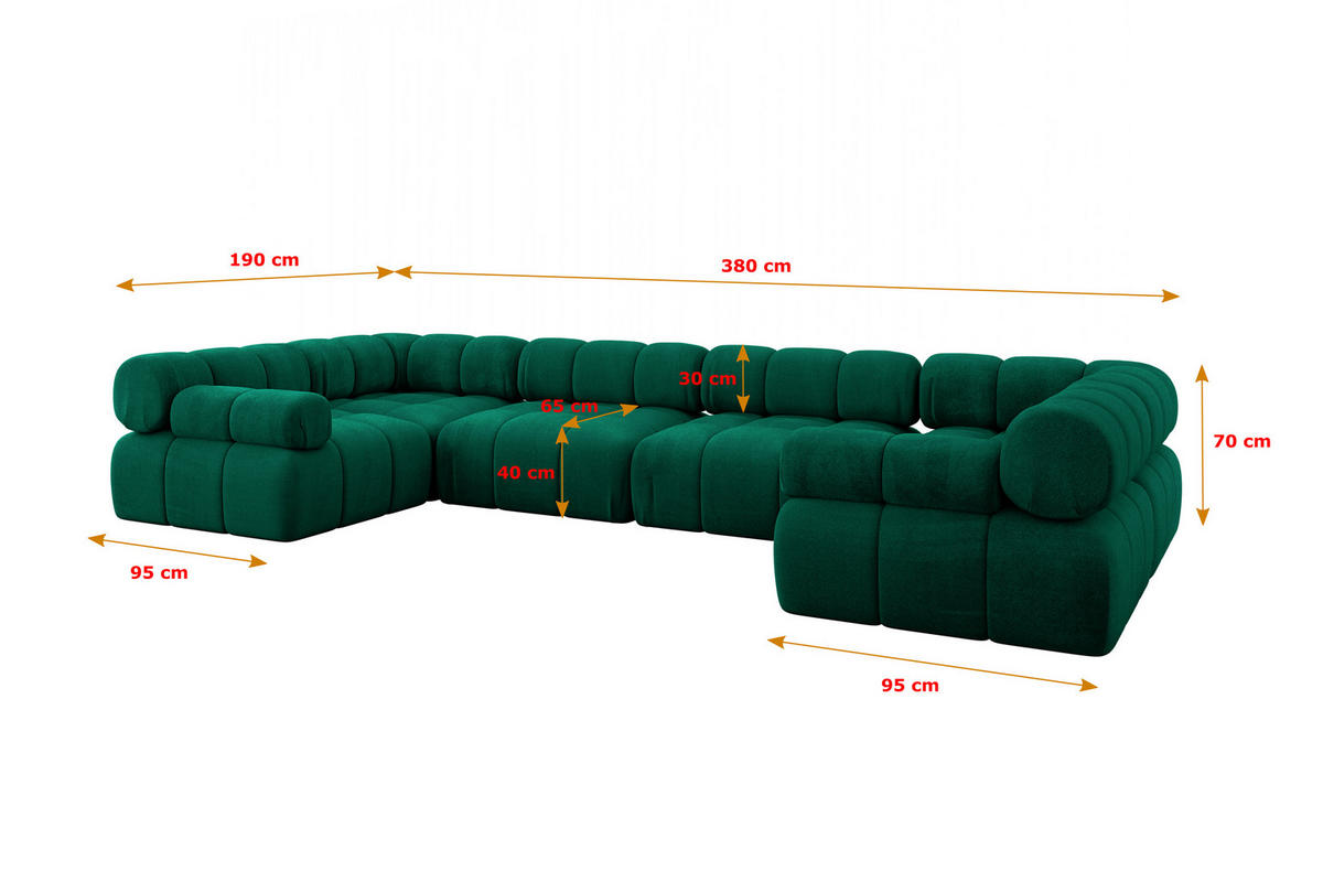 WOHNLANDSCHAFT modulares Sofa Birno-U2 - 380x190x70 cm Dunkelgrün Velours - Dunkelgrün, Holzwerkstoff/Textil (380/70/190cm) - ALTDECOR