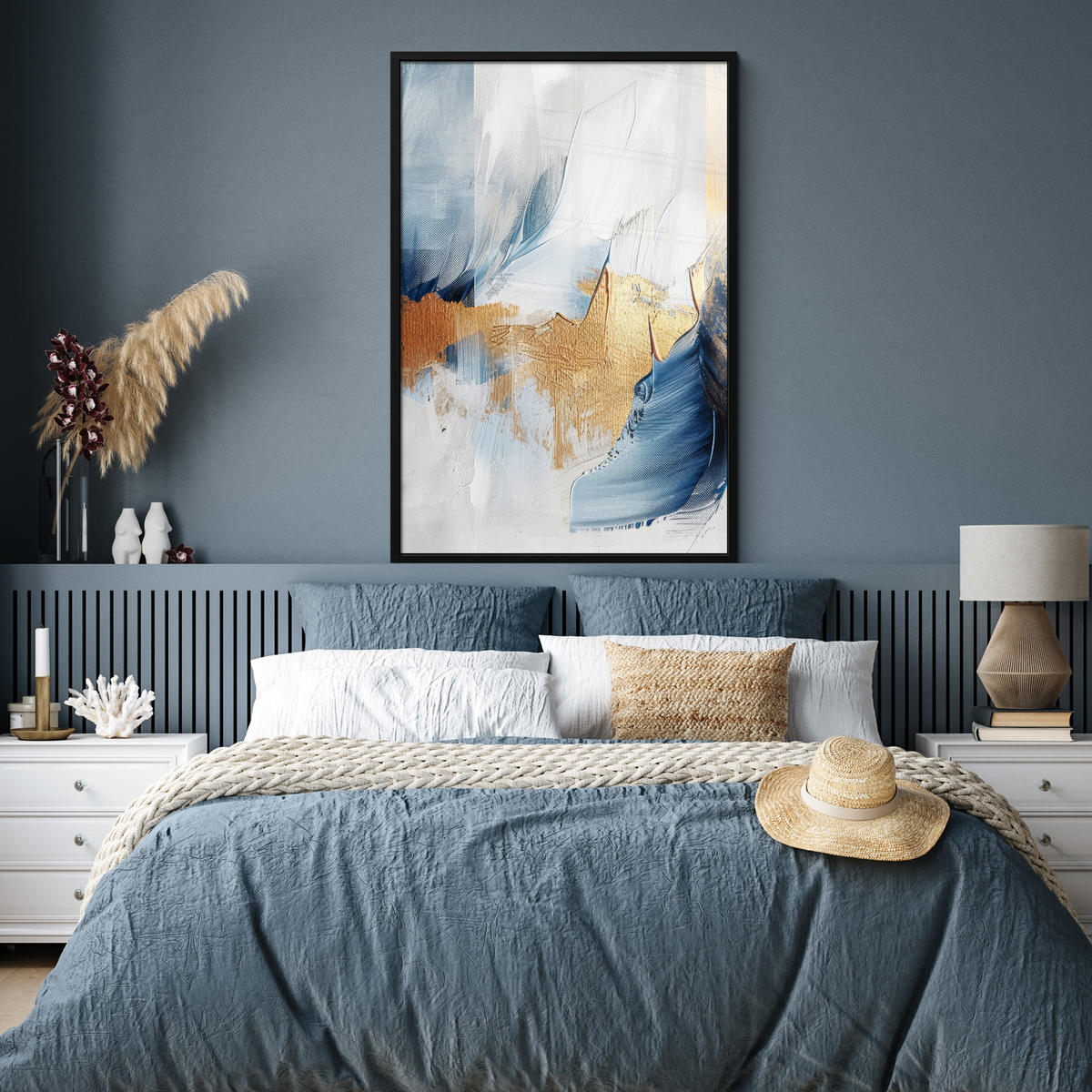 GERAHMTES BILD Gold - Blau - Aquarell - Kunst - Modern 80x120 cm - Hellblau, Papier (80/120cm) - MuchoWow