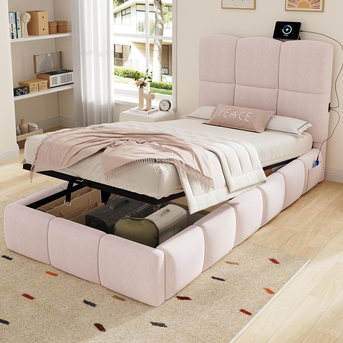 POLSTERBETT 90/200 cm mit Lattenrost, hydraulischem Stauraum und USB-C-Anschluss, Rosa - Pink, Textil (90/200cm) - Redom