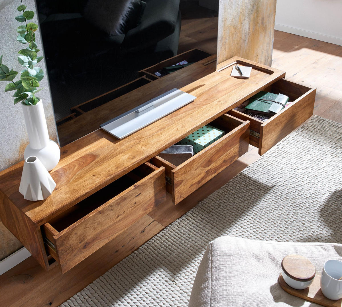 LOWBOARD Massivholz Modern Stil Hängend für 65-Zoll Fernseher mit 3 Schubladen - Braun, Holz (160/25/35cm) - KADIMA DESIGN