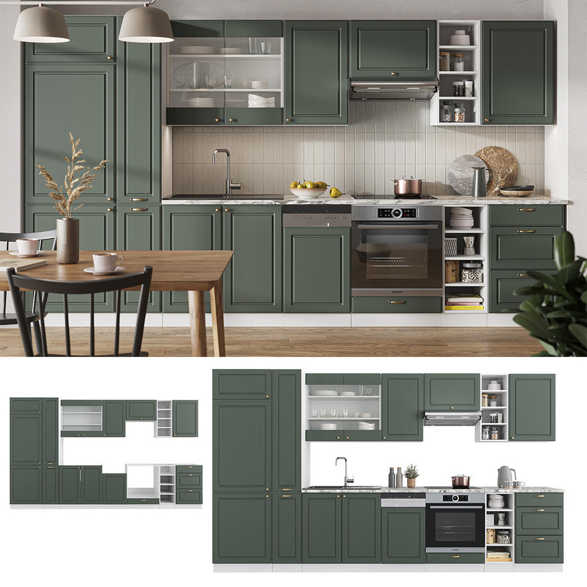 KÜCHENZEILE Fame-Line Grün-Gold Landhaus/Weiß 355 cm, AP Marmor - Weiß/Grün, Holzwerkstoff (355/81.6/60cm) - Vicco