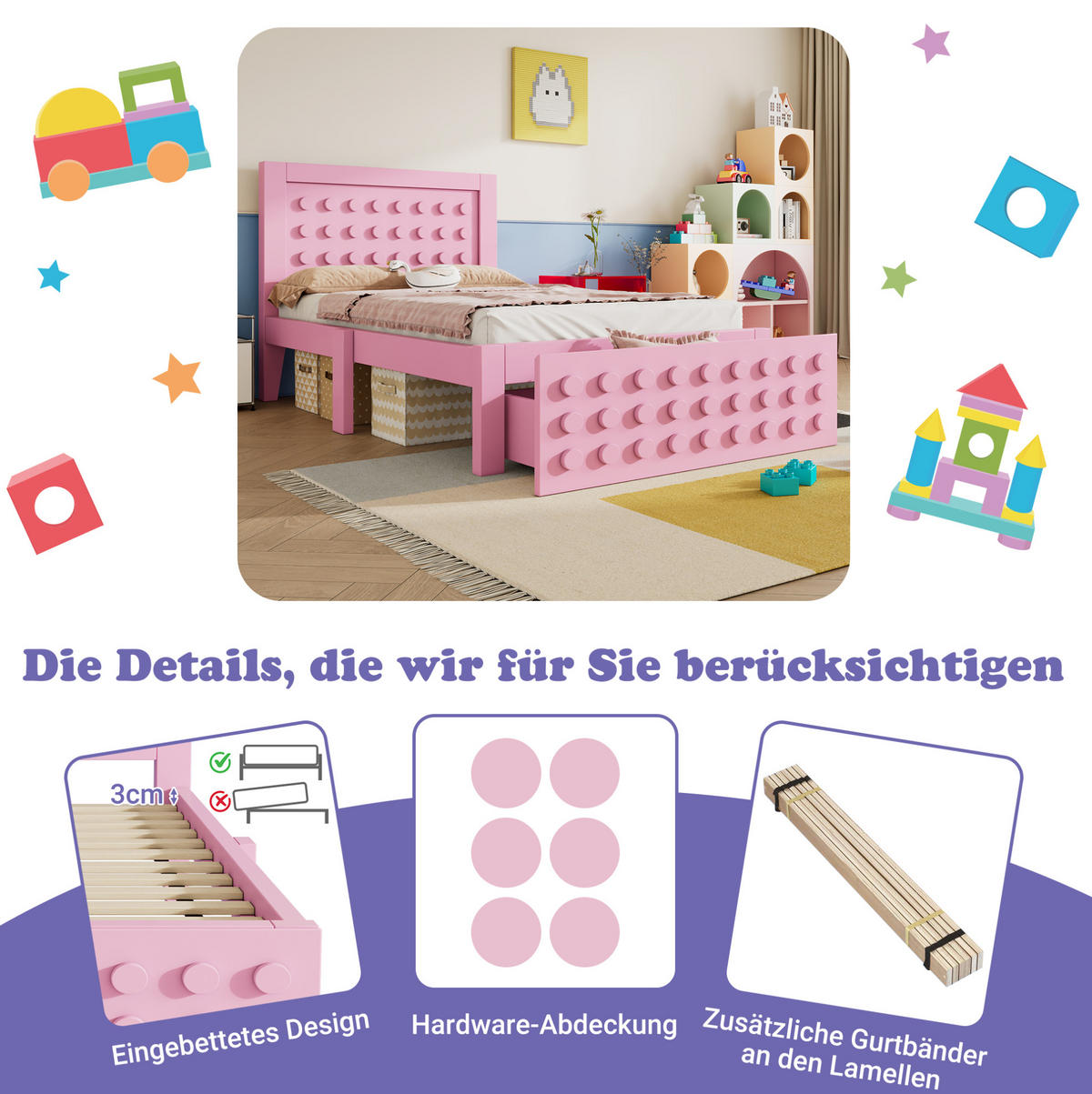 KINDERBETT, 1 Stauraumschublade, Block-Design, 90x200cm, Rosa - Rosa, Holz (90/200cm) - OKWISH