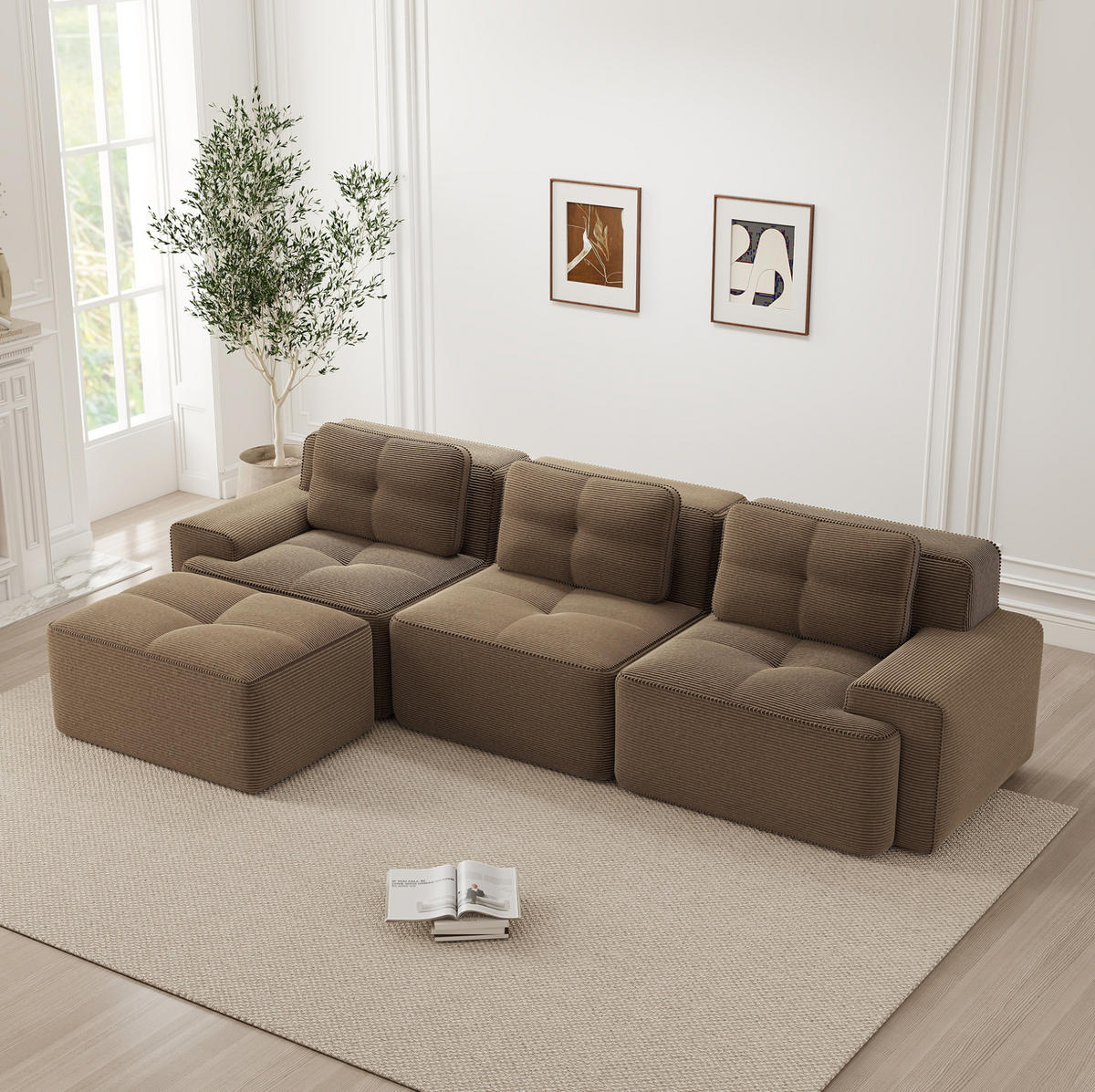 MODULSOFA aus Cordstoff Braun 293x177x69 cm mit Ottoman und rutschfester Unterseite - Braun, Textil (177/293cm) - IVMEU