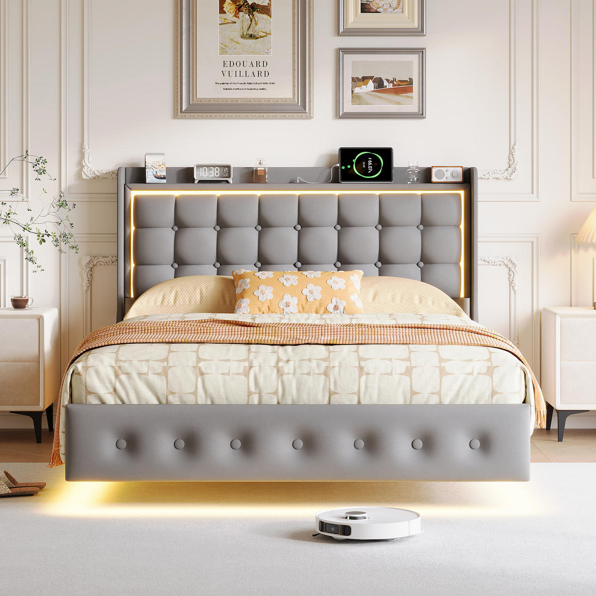 POLSTERBETT 140x200 cm Schwebebett mit LED & USB, Samtstoff Grau Doppelbett mit Lattenrost - Grau, Metall (140/200cm) - EuroLiving