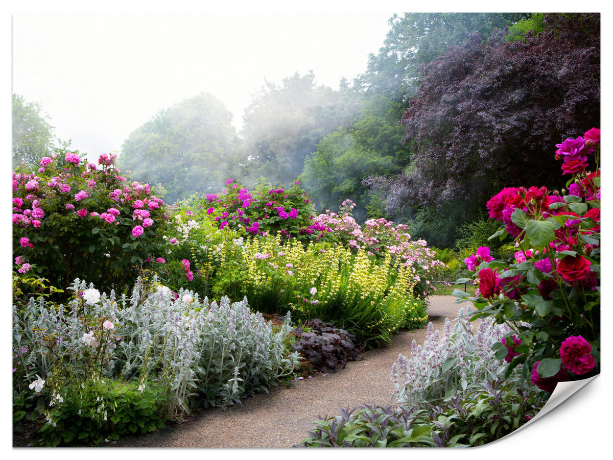 FOTOTAPETE für Schlafzimmer Bunte Blumen Waldweg Rosen Bäume 450x315 - Gelb/Violett, Papier (450/315cm) - Muralo