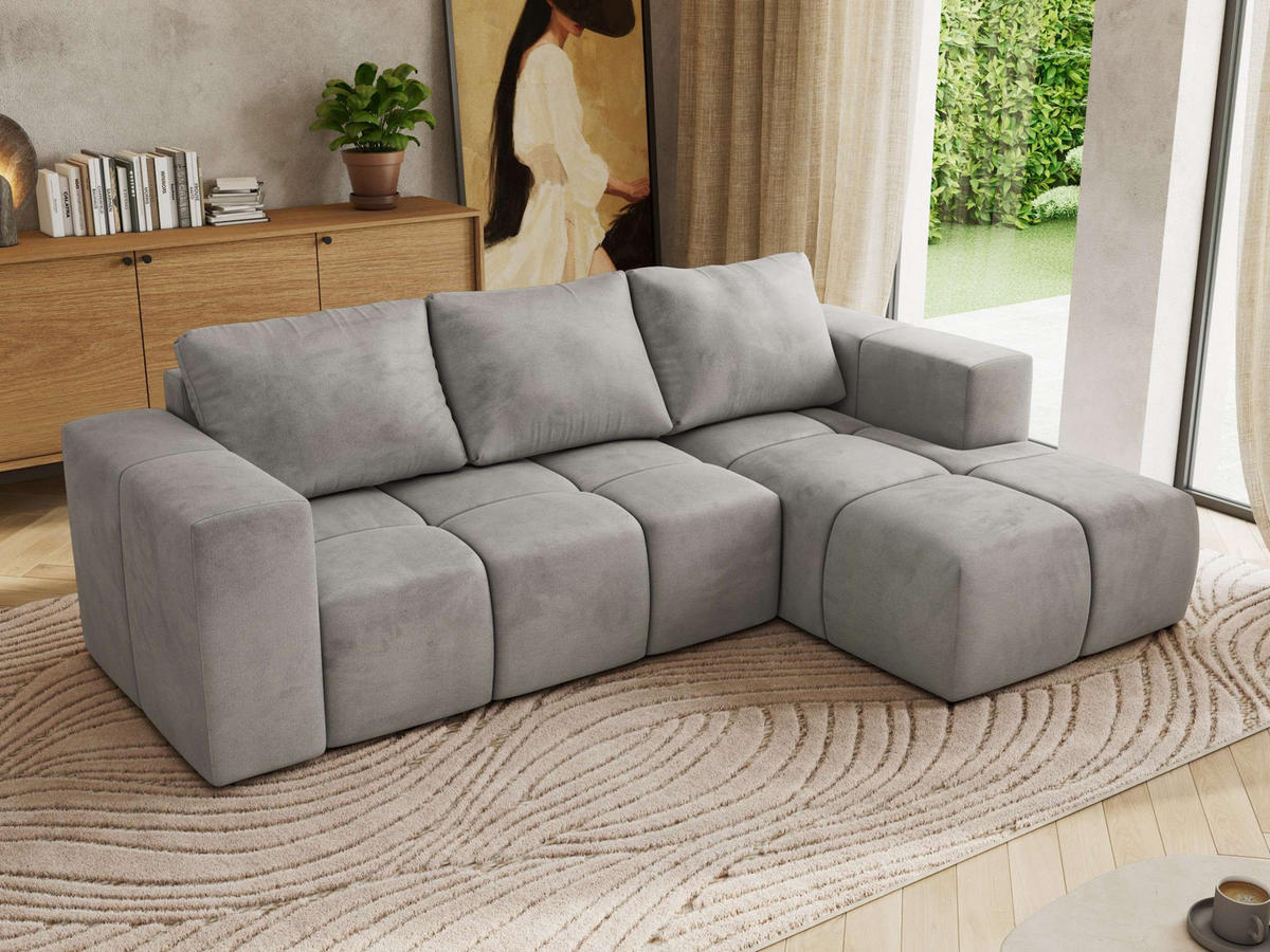 ROHOVÁ SEDAČKA MONIVA L - Světle šedá Samet - Pravá Strana - černá/světle šedá, textil/plast (266/164cm) - MKS