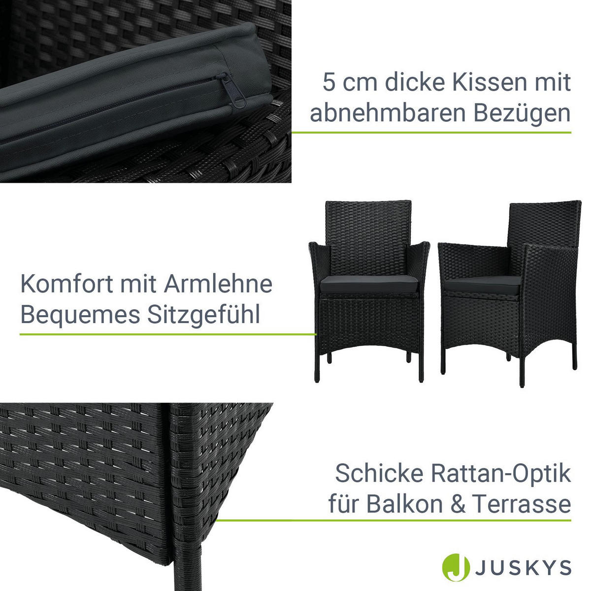 BALKON-SET Bayamo Polyrattan schwarz/dunkelgrau (3-tlg.) - Schwarz, Kunststoff - Juskys