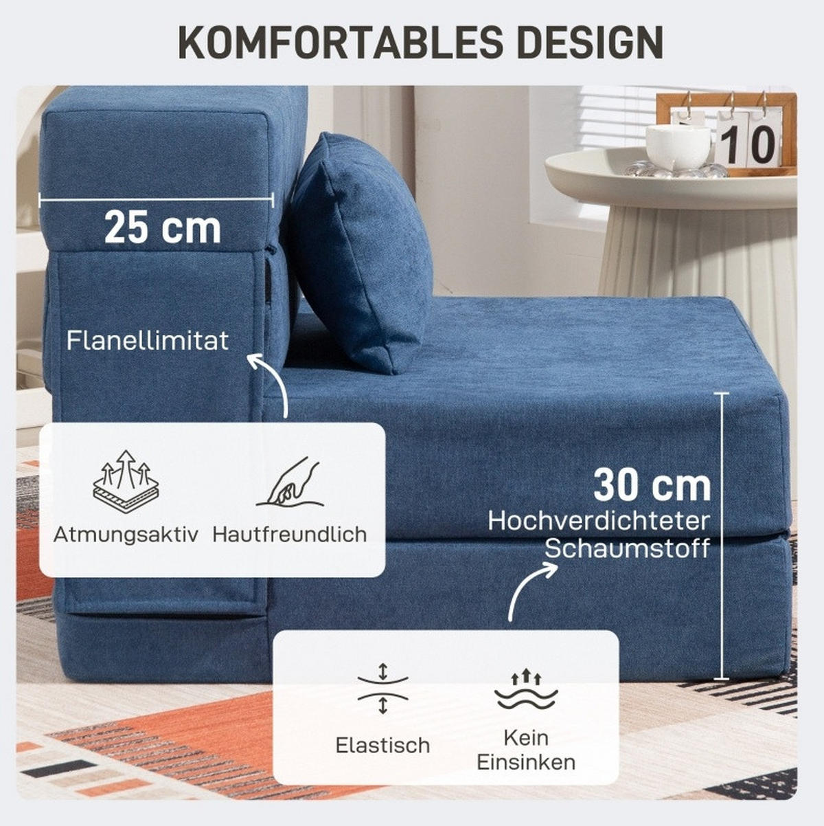 SCHLAFSESSEL 80/80/64 cm in Dunkelblau, klappbar mit Bettfunktion und Kissen - Blau, Textil (80/64/80cm) - Flora Grace