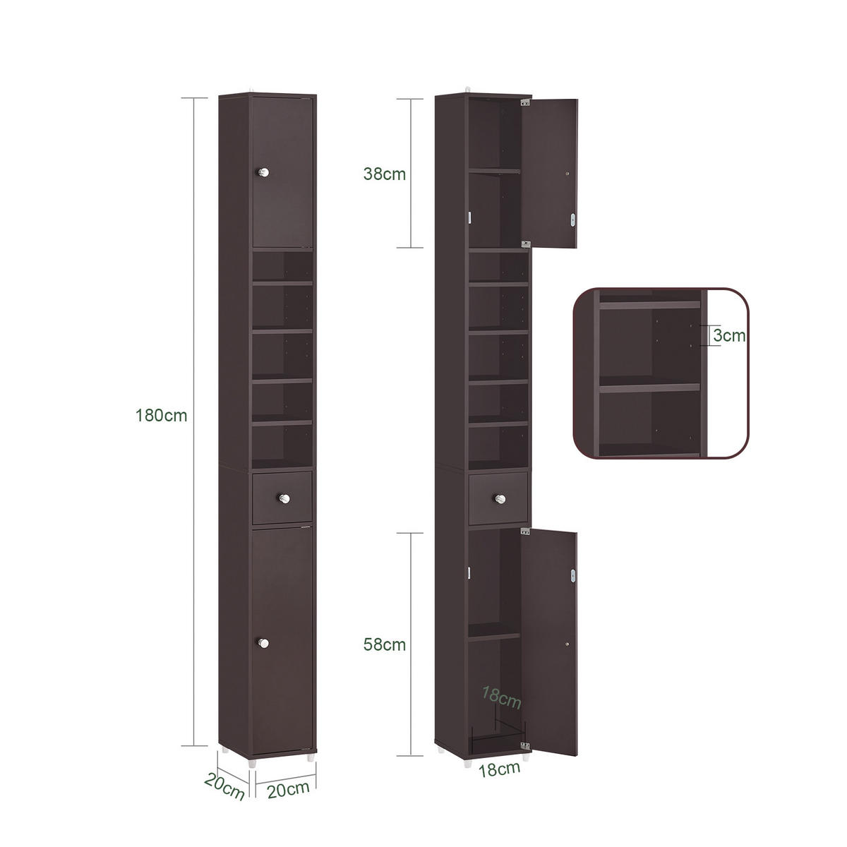HOCHSCHRANK Braun - Dunkelbraun, Holzwerkstoff (20/180/20cm) - SoBuy
