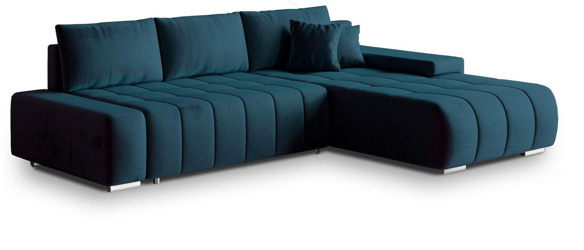 ECKSOFA ALESE R-S Blau Velours-Stoff mit Schlaffunktion - Blau, Holz (265/185cm) - MASSENO