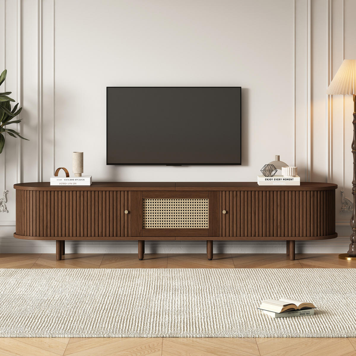 LOWBOARD im Retro-Modern Design mit Rattan-Dekor Dunkel Walnuss 180/40/40 cm XL - Eichefarben, Holz/Holzwerkstoff (180/40/40cm) - EVRYAE