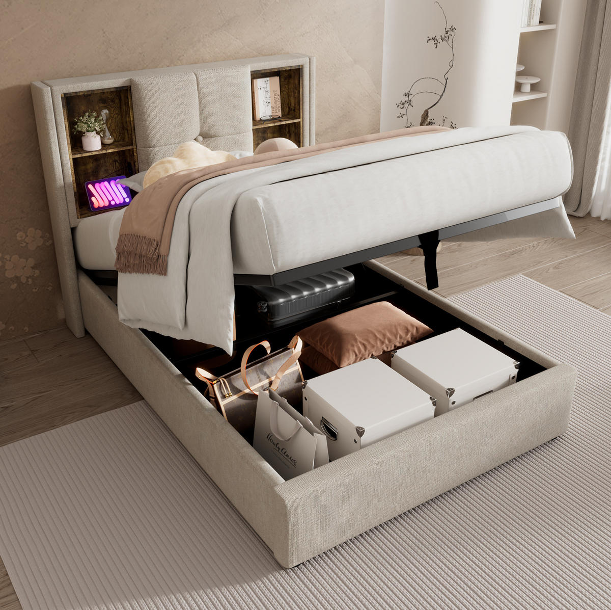 BETT mit Stauraum und Ladestation 90x200 cm Leinen Natural - Beige, Metall (90/200cm) - Meubliv