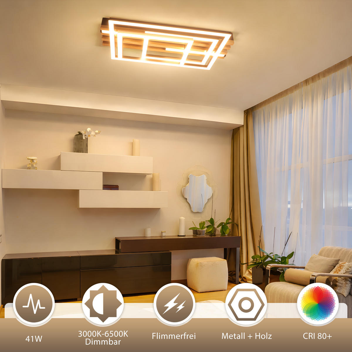 LED DECKENLEUCHTE Jrelis 37.8/20/8.8 cm - Schwarz, Holz/Metall (37.8/20/8.8cm) - ZMH