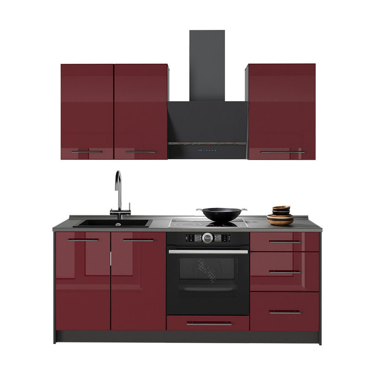 BUCATARIE SINGLE Fame-Line, Bordeaux lucios ridicat/antracit, 190 cm, AP Stejar - bordo/antracit, compozit lemnos (190/206.8/60cm) - Vicco