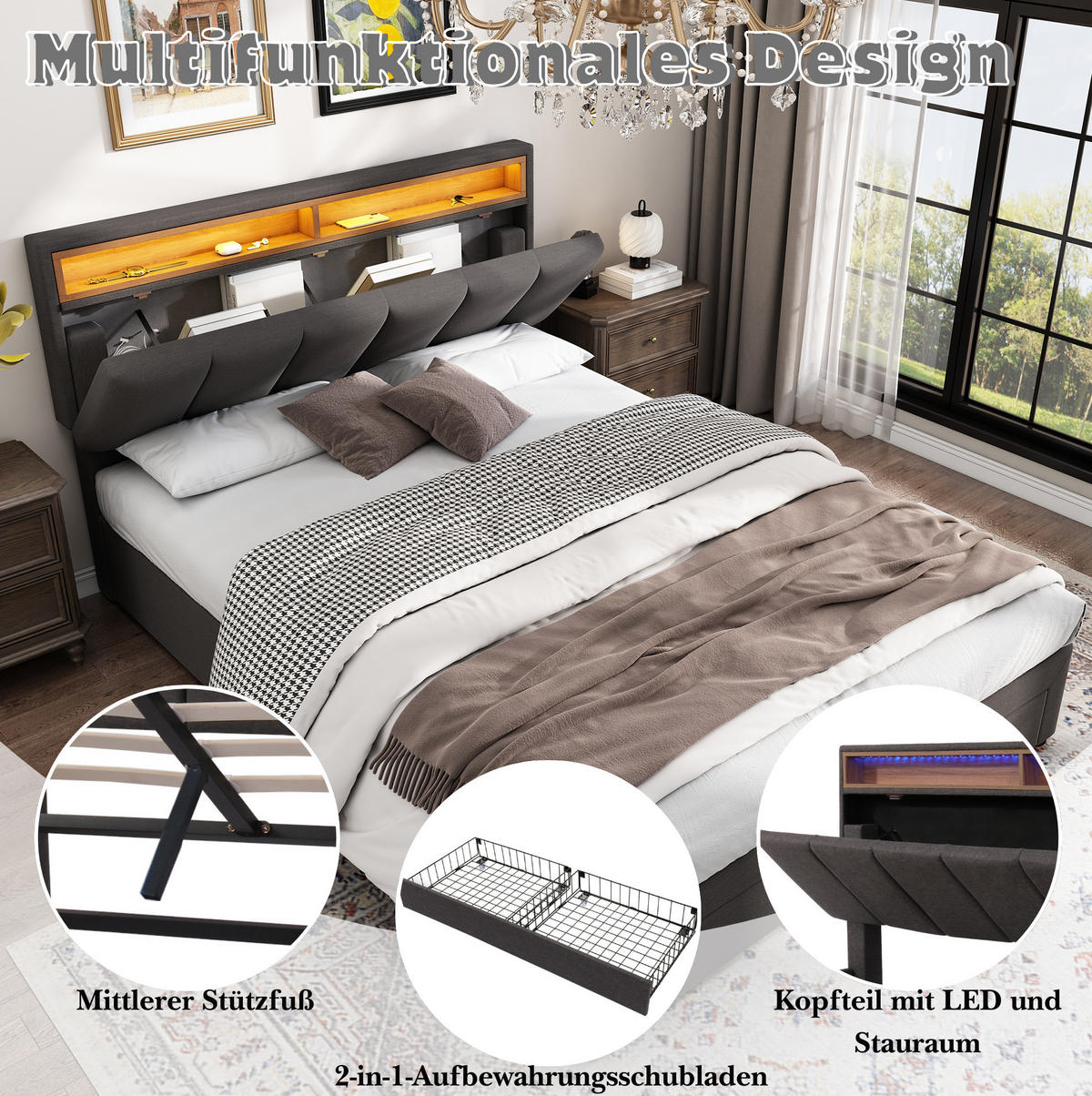 POLSTERBETT 140/200 cm grau aus Leinen mit LED-Beleuchtung - Grau, Textil (140/200cm) - OKMYHOME