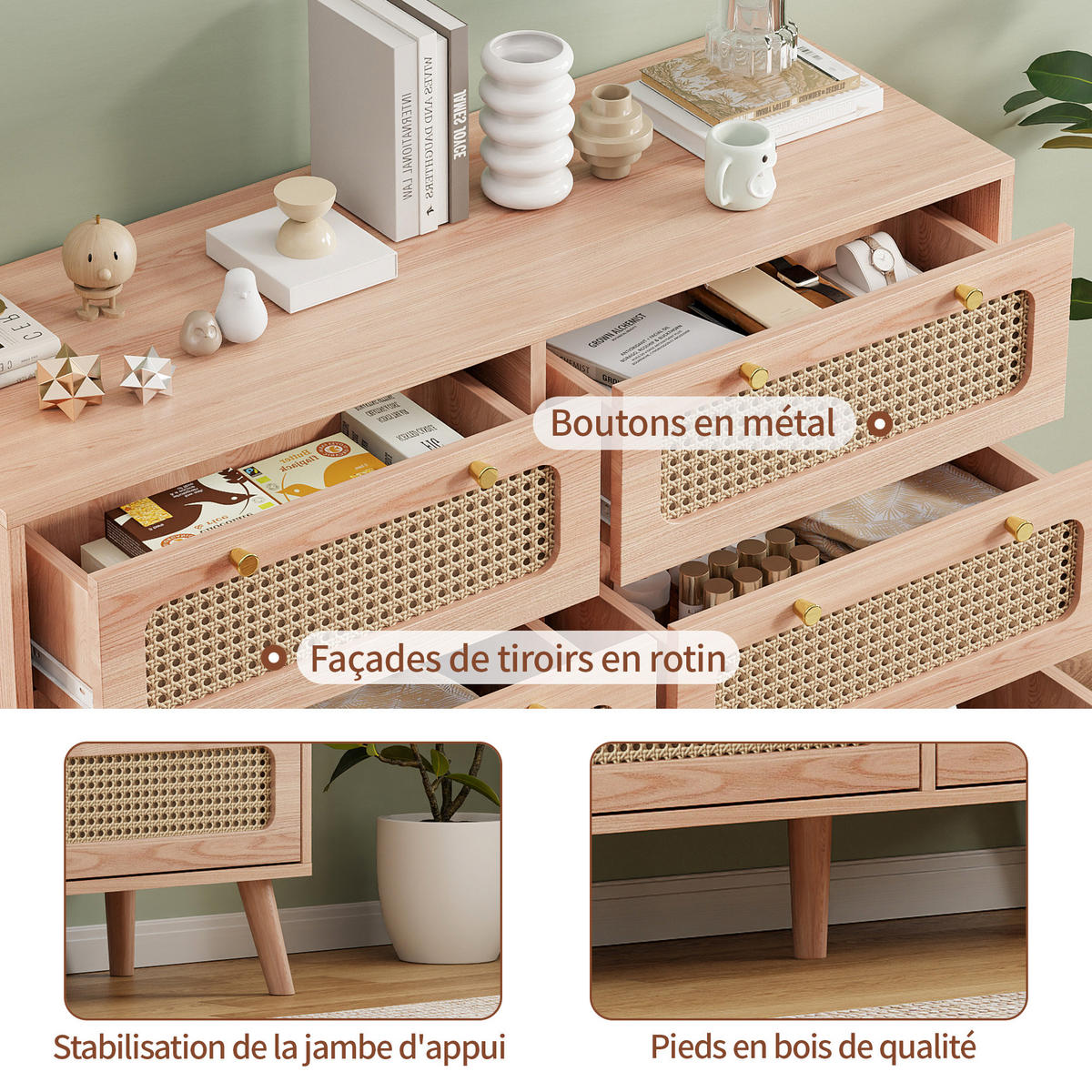 KOMMODE 6 Schubladen Rattan Boho Holz - Naturfarben, Holz (34/73/100cm) - Fortuna Lai