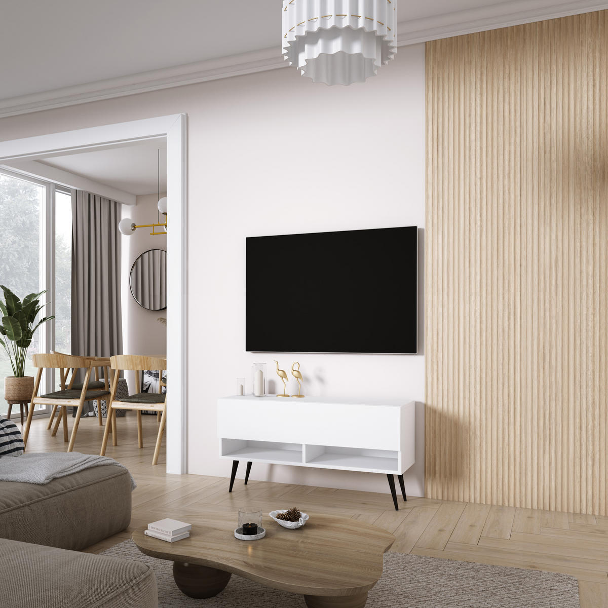 TV-LOWBOARD 100 cm Mattweiß, schwarze schräge Beine, 100 × 32 × 52 cm - Weiß, Holzwerkstoff (100/52/32cm) - 3XE LIVING
