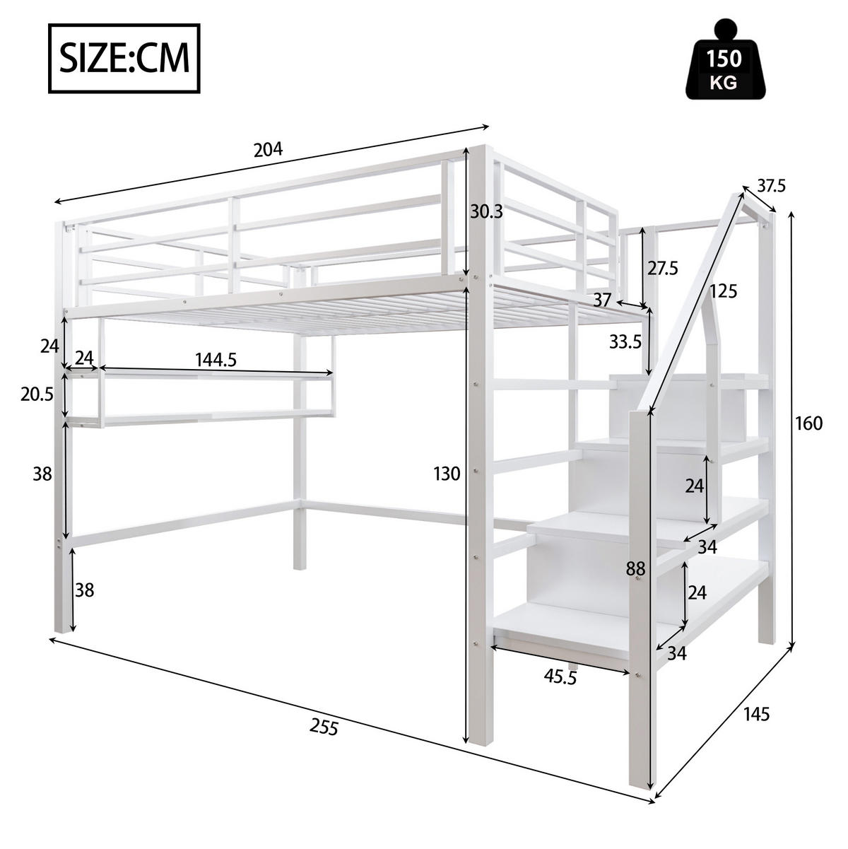 HOCHBETT 140/200 cm aus Metall und MDF mit Stauraumleiter und Regalen Weiß - Weiß, Metall (140/200cm) - Modenvie