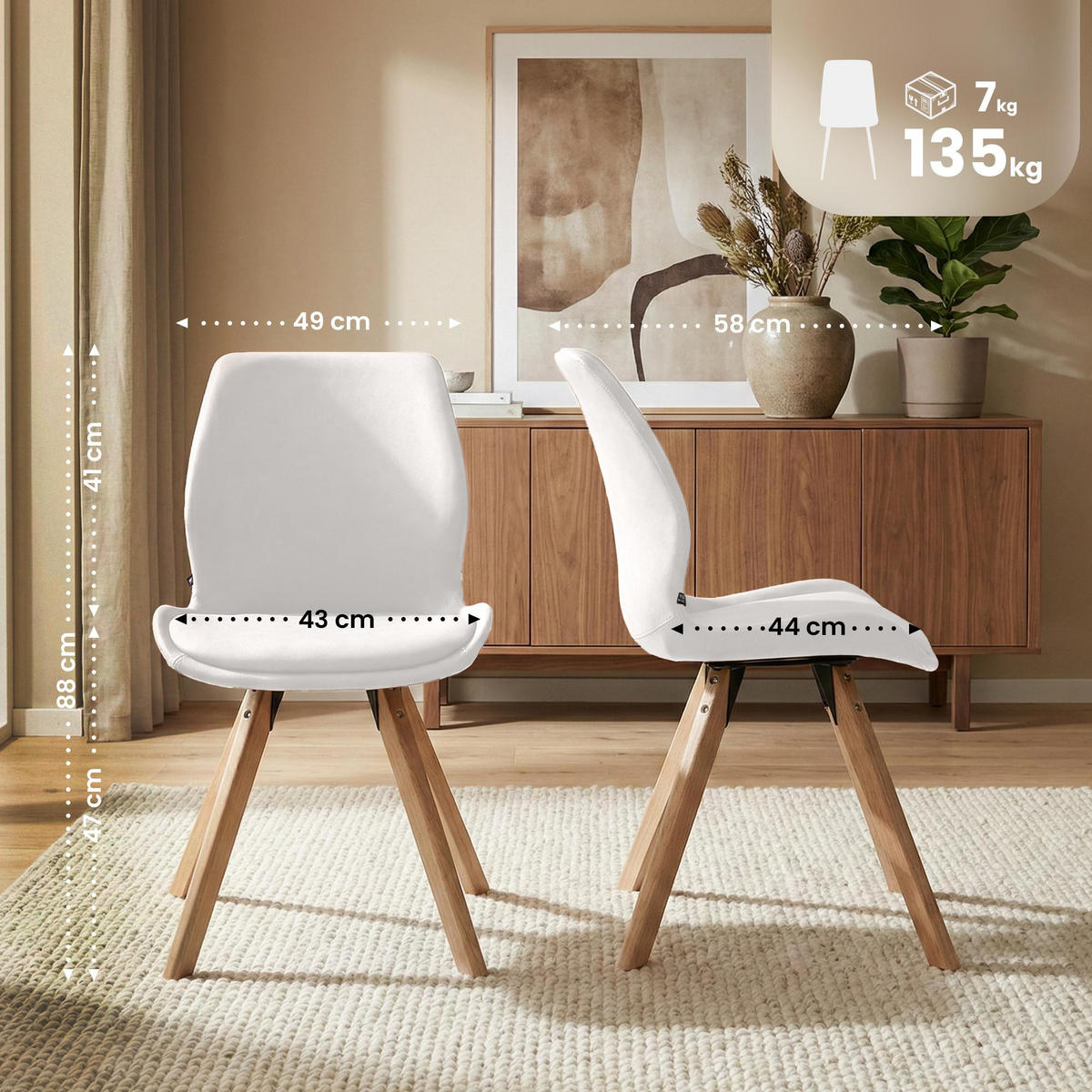 STUHL 4er Set Lederlook weiß - Eukalyptusholzfarben/Weiß, Holz/Textil (49/87/58cm) - CLP