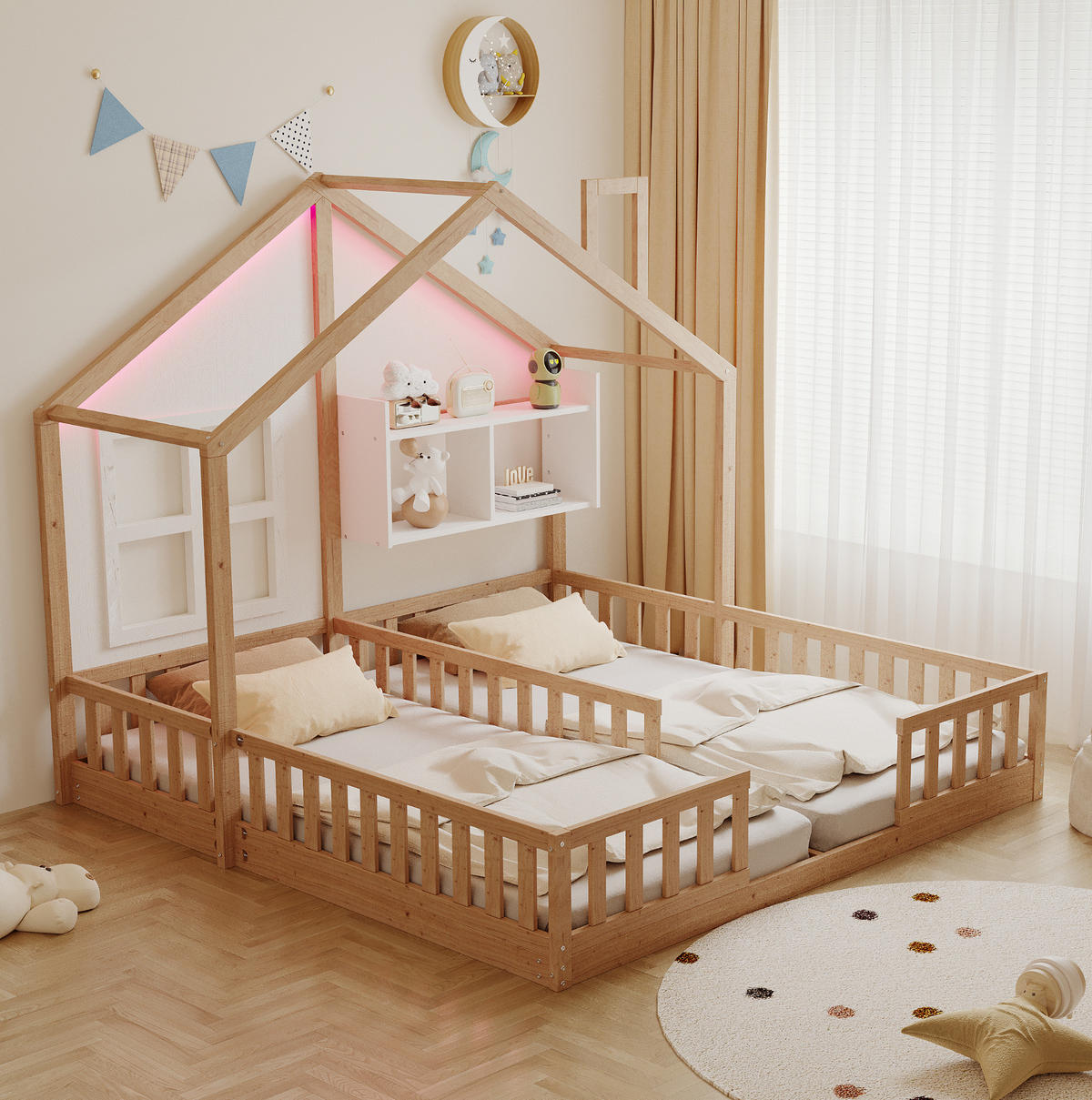 KINDERBETT 90/200 cm mit LED-Beleuchtung, Hausdesign, Sicherheitsgittern und Ablagefächern, Natur Holzwerkstoff - Naturfarben, Holzwerkstoff (90/200cm) - Redom