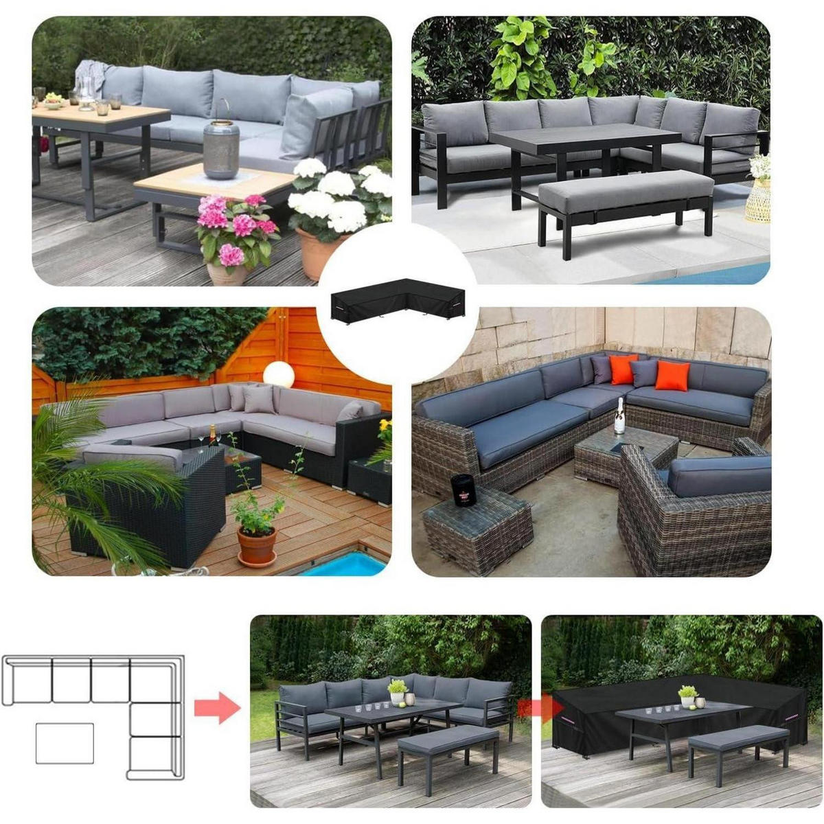 GARTENLOUNGE Abdeckplane L-Form 260x210x87x80/60cm Wasserdicht - Schwarz, Kunststoff (1/1/1cm)