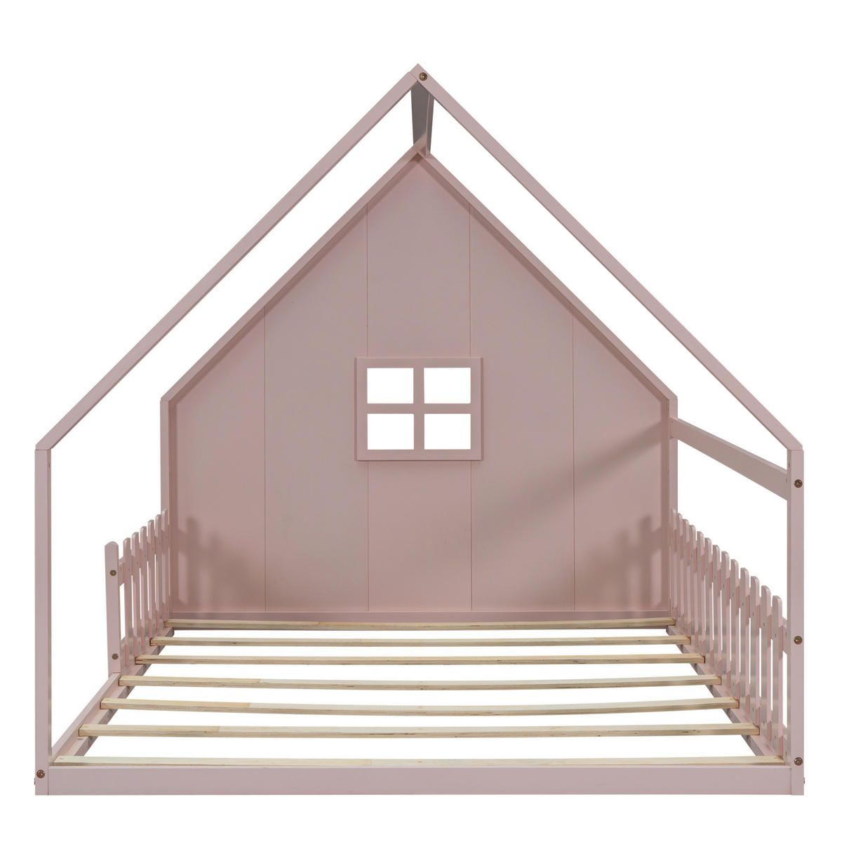 HAUSBETT aus Kiefer und MDF 140x200 cm Rosa mit Hausrahmen und Sicherheitsgeländer - Rosa, Holzwerkstoff (140/200cm) - Modfu