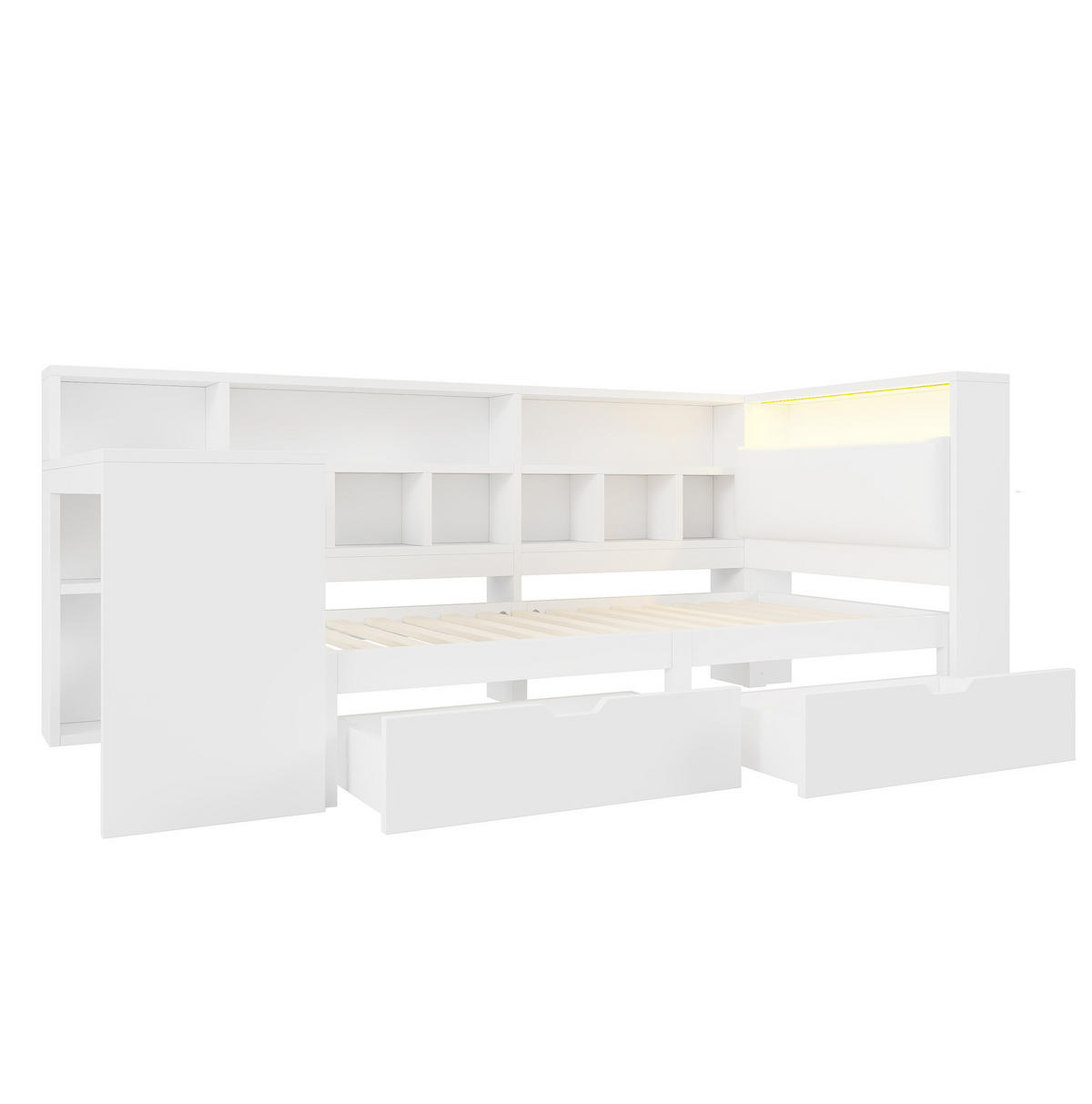 BETT 90/200 cm in Weiß mit Schreibtisch, Regal und LED-Beleuchtung - Weiß, Holzwerkstoff (90/200cm) - Flora Grace