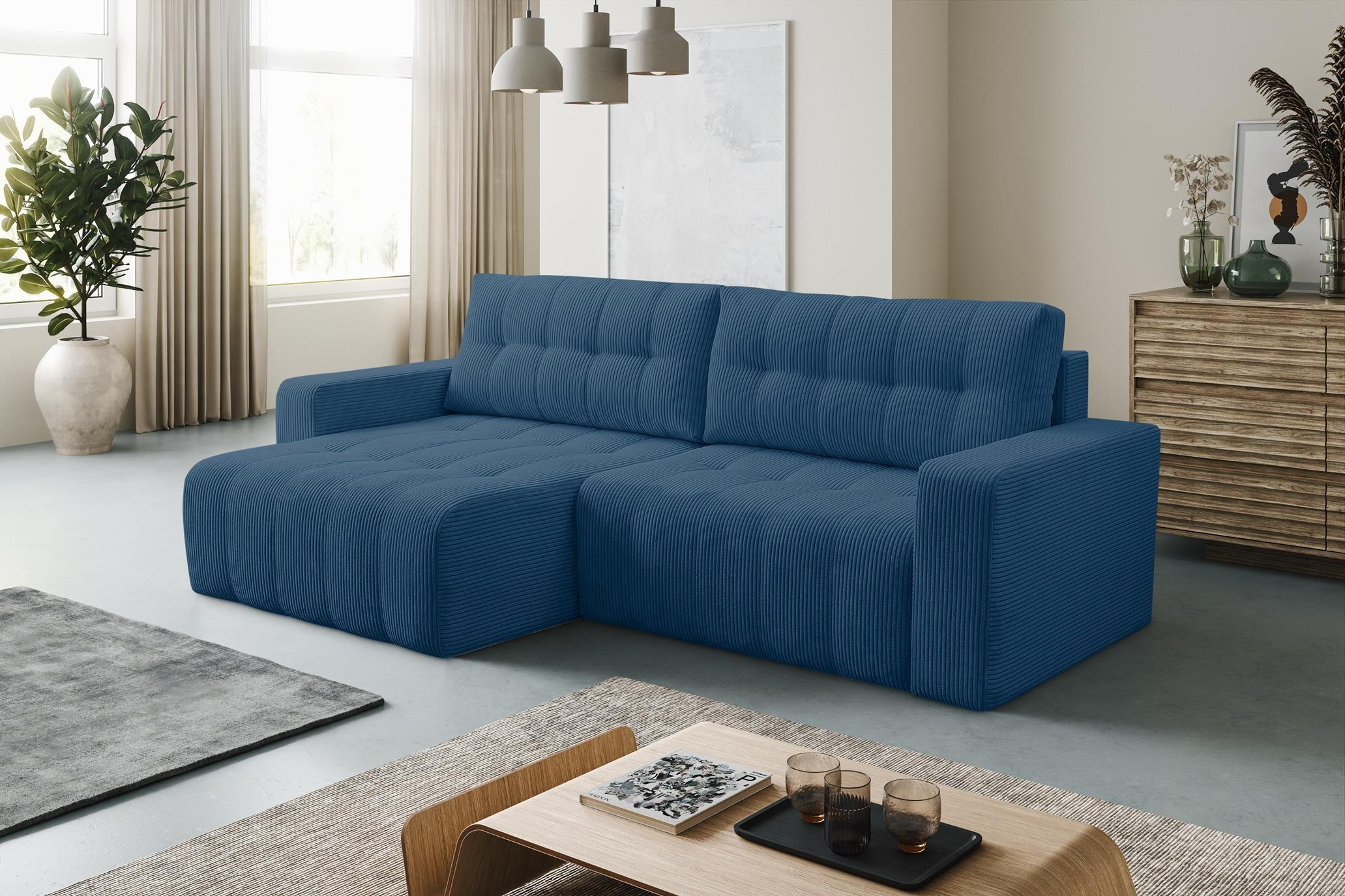 ECKSOFA Masina Blau, Schlafsofa aus Cordstoff - Blau, Holzwerkstoff (245/143cm) - Bettso