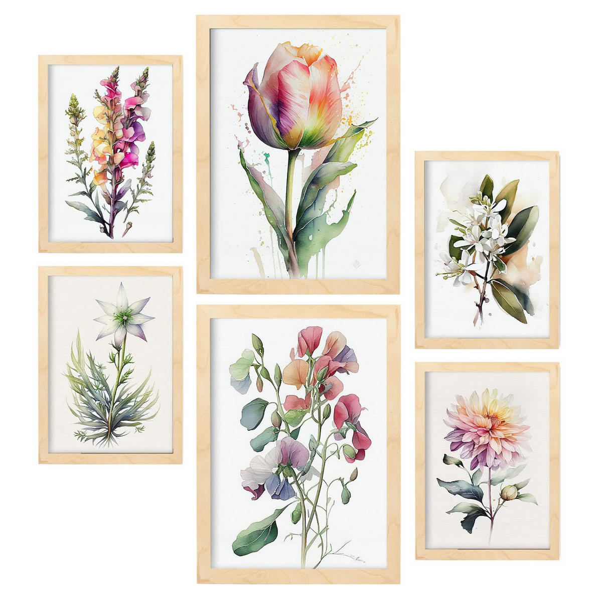 POSTER Set Mit 6 Wilde Blume Größe A3 & A4 Rahmen aus hellem Holz - Beige, Papier (29.7/1cm) - Nacnic