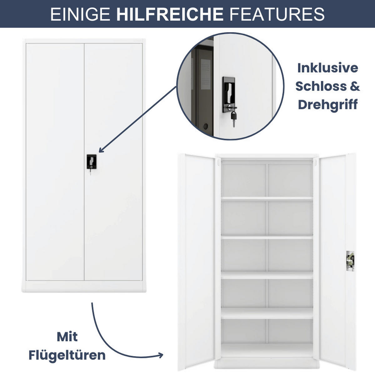 AKTENSCHRANK abschließbar KADO mit Flügeltüren 185x90x40cm Weiß - Weiß, Metall (90/185/40cm) - DELUKE