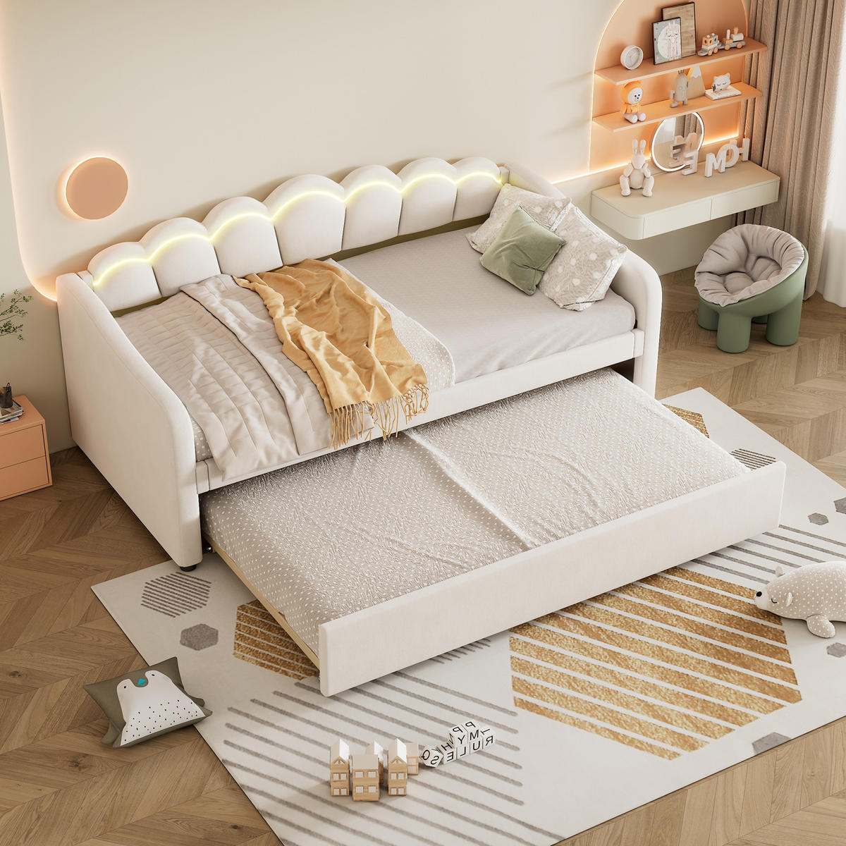 TAGESBETT 90/200 cm Beige mit ausziehbarem Bett und LED-Beleuchtung aus Samt - Beige, Textil (90/200cm) - OKWISH