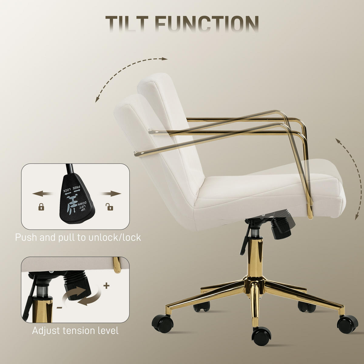 SCHREIBTISCHSTUHL höhenverstellbarer Bürostuhl mit Samtoptik Kippfunktion Creme - Goldfarben/Creme, Textil/Metall (57/90/64cm) - HOMCOM
