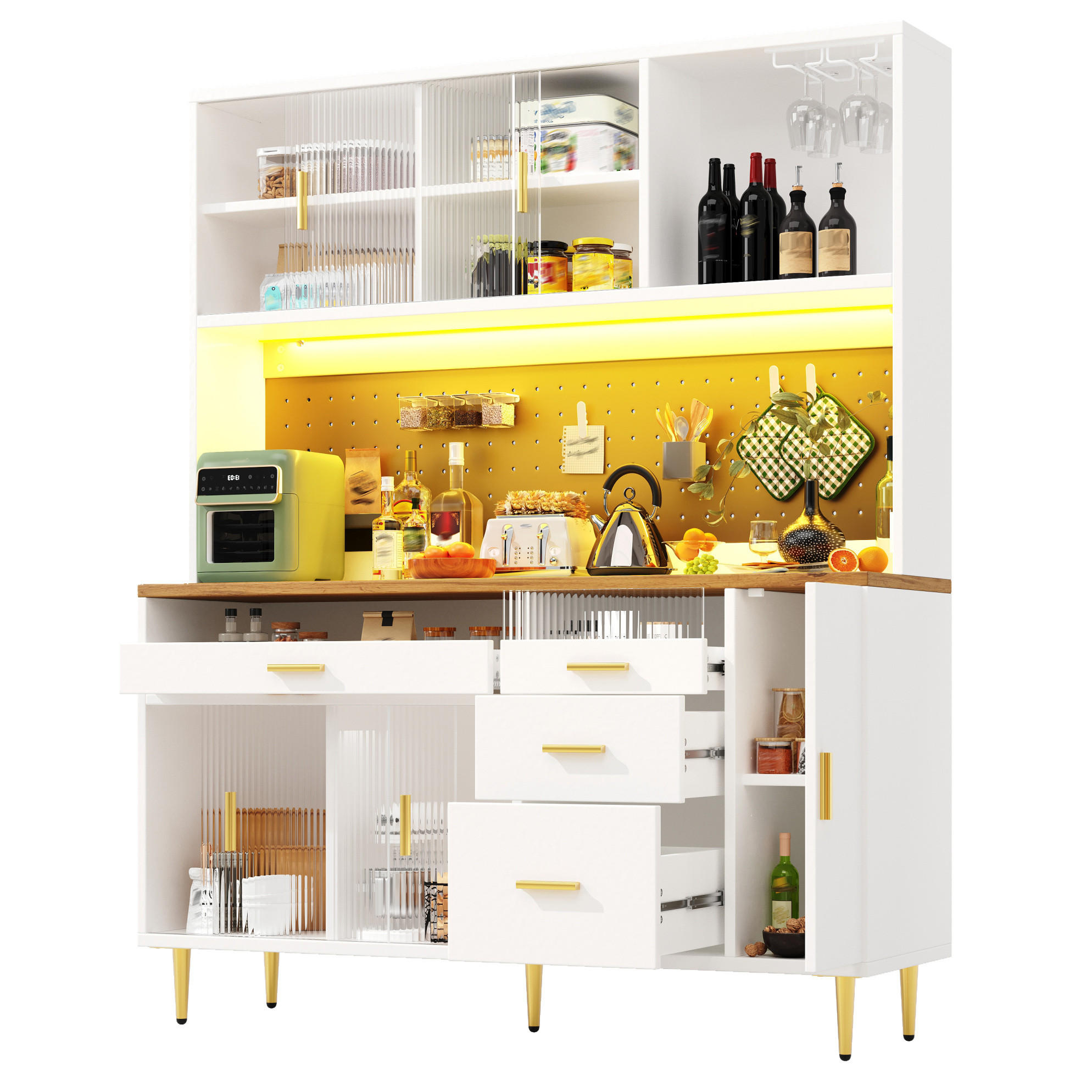BUFFET 145/171/39 cm Weiß aus Glas und MDF mit LED-Beleuchtung - Weiß, Glas (24/171/145cm) - OKMYHOME