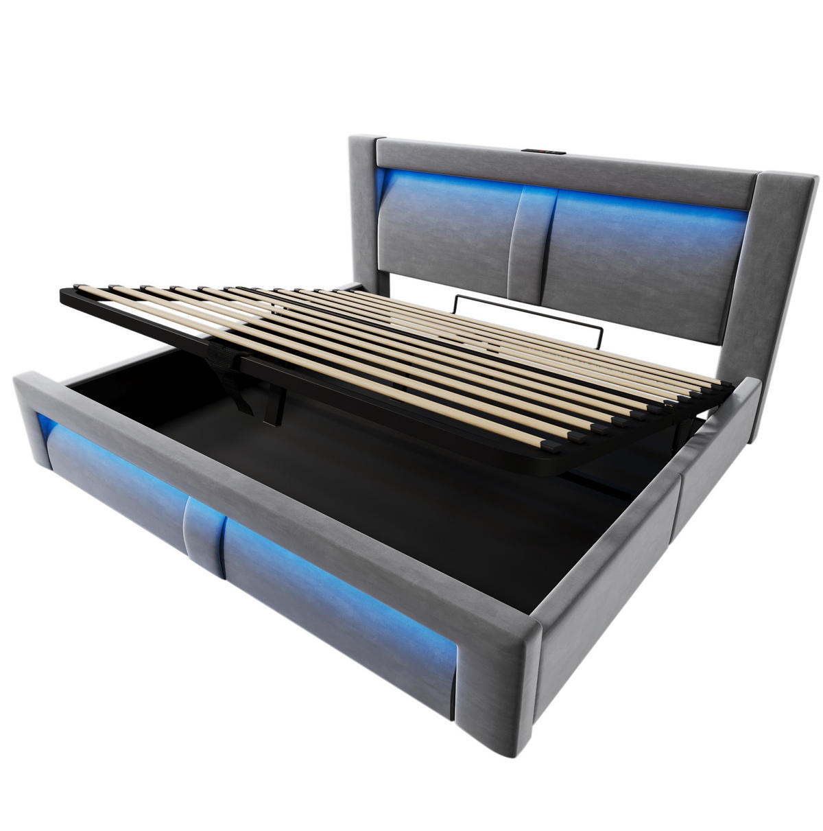 POLSTERBETT 140/200 cm mit Bettkasten, Matratze, LED-Beleuchtung, USB- und Type-C-Anschluss, Samtbezug, Grau - Grau, Textil (140/200cm) - Redom