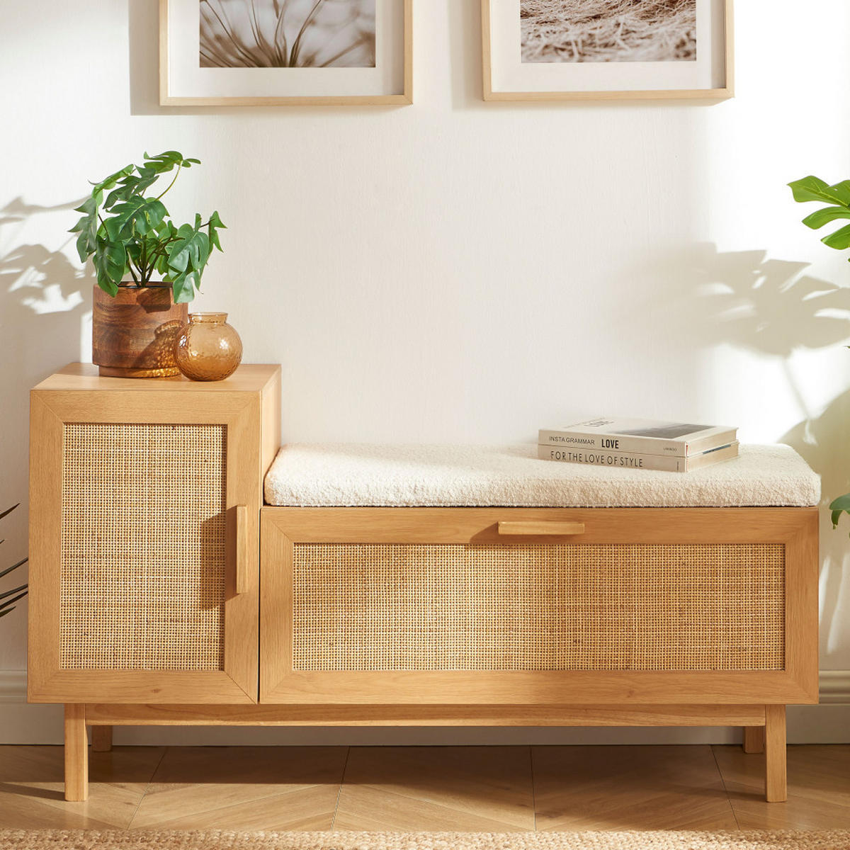 EINGANGSBÄNKE mit Schuhaufbewahrung aus Holz und Rattan, L120cm - JUNE - Helles Holz - Eschefarben, Holz (120/63/38cm) - Drawer