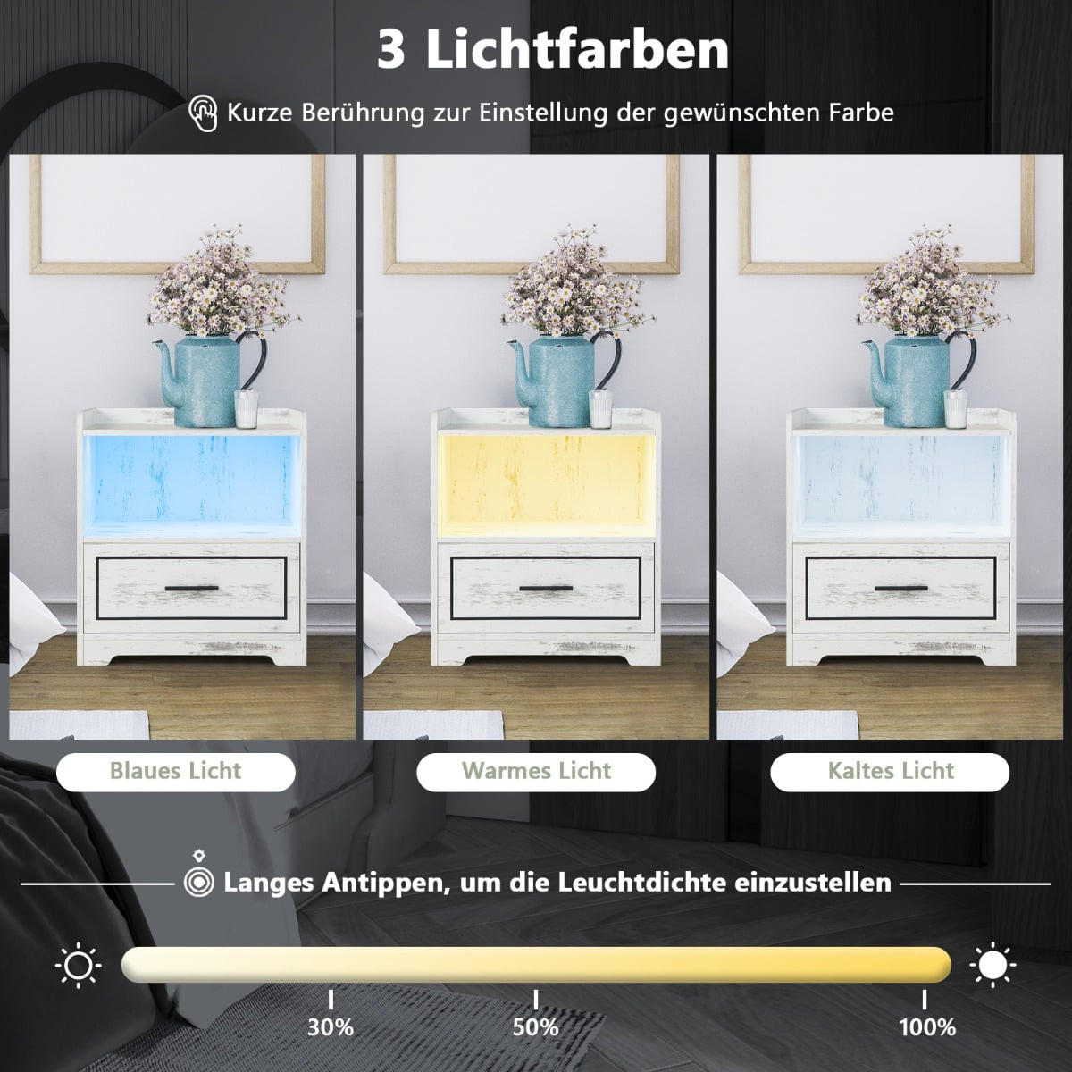 NACHTTISCH 2er Set mit LED, Bewegungssensor, USB- und Typ-C-Ladestation, MDF, Weiß - Weiß, Holzwerkstoff (45/50/40cm) - DESIGN IN