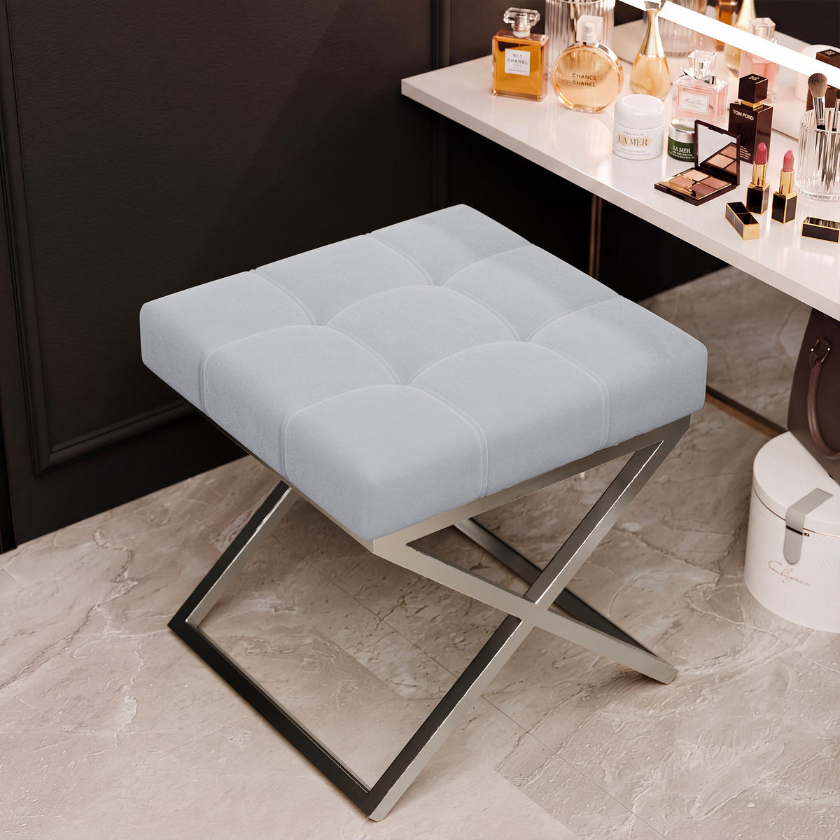 HOCKER LIND 45/45/45 cm, Chrom / Grau - Chromfarben/Grau, Textil/Metall (45/45/45cm) - Idohome