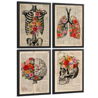 POSTER Set aus 4 Vintage Anatomie und Wandbilder mit Rippen Wirbelsäule Lungen Luftröhre Bronchien Gehirn und Schädel Größe Schwarzer Rahmen A4 - Schwarz, Papier (21/29.7/3cm) - Nacnic
