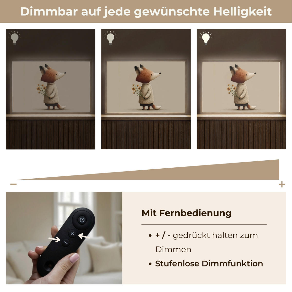 NÁSTĚNNÁ LAMPA S AKUMULÁTOREM Liška - Žluté květy - Minimalistický 60x40 cm - šedohnědá, kompozitní dřevo (60/40/8cm) - OnlyWow