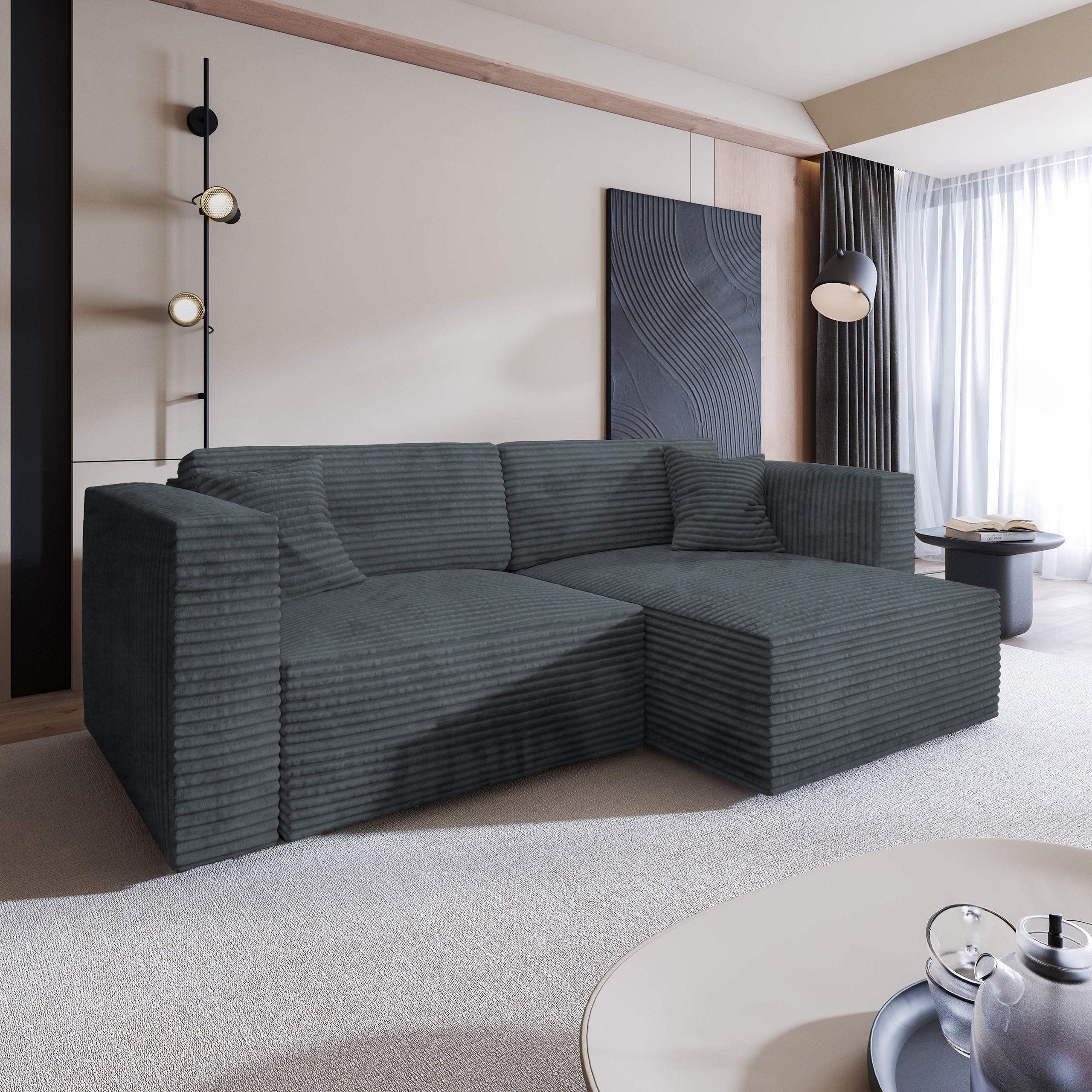 ECKSOFA NERIO Grau Kordstoff mit Schlaffunktion - Grau, Holz (245/148cm) - MASSENO