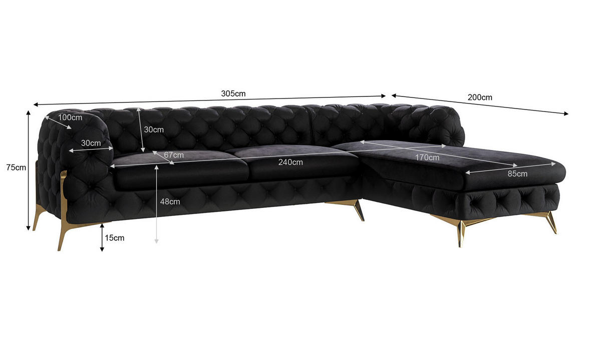 ECKSOFA Chesterfield Lexi Schwarz Samt, Ottomane rechts - Goldfarben/Schwarz, Holz/Textil (305/200cm) - S-Style Möbel