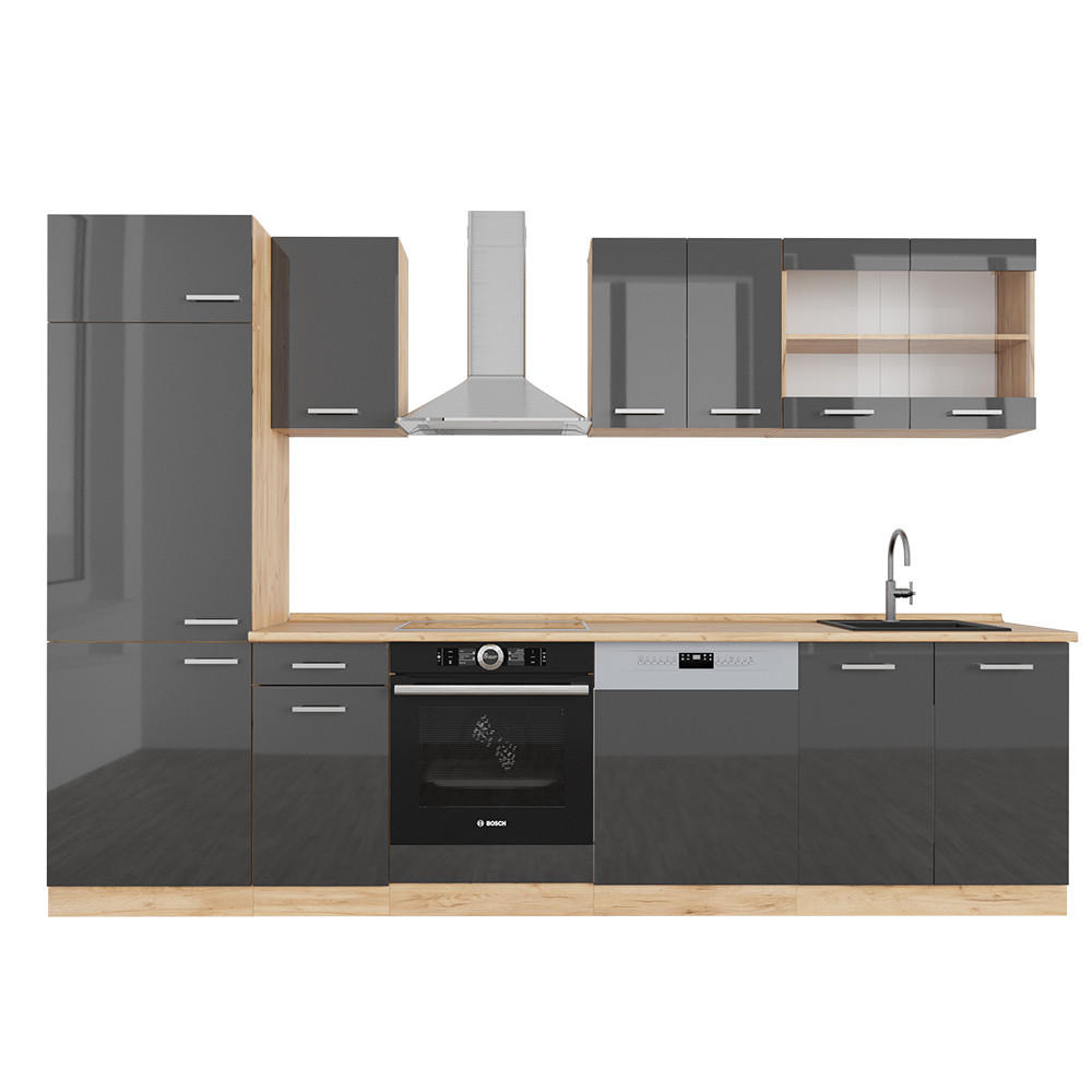 KÜCHENZEILE R-Line Anthrazit Hochglanz/Goldkraft Eiche 300 cm ohne AP - Anthrazit/Eiche Wotan, Holzwerkstoff (300/81.6/46cm) - Vicco