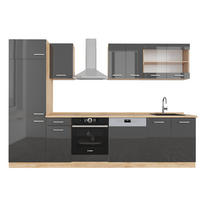 KÜCHENZEILE R-Line Anthrazit Hochglanz/Goldkraft Eiche 300 cm ohne AP - Anthrazit/Eiche Wotan, Holzwerkstoff (300/81.6/46cm) - Vicco