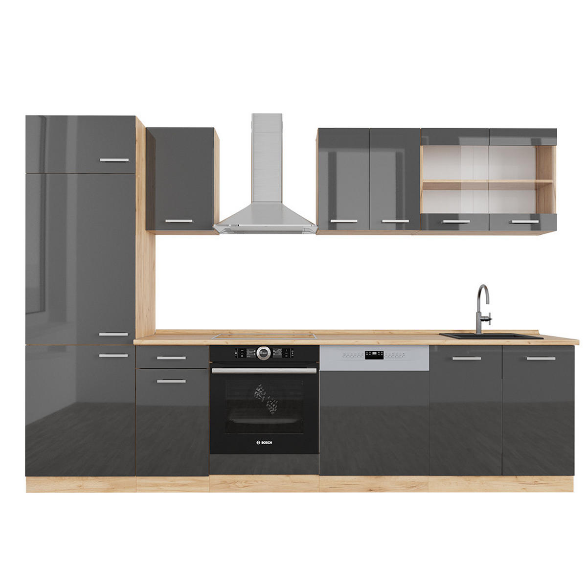 KÜCHENZEILE R-Line Anthrazit Hochglanz/Goldkraft Eiche 300 cm ohne AP - Anthrazit/Eiche Wotan, Holzwerkstoff (300/81.6/46cm) - Vicco