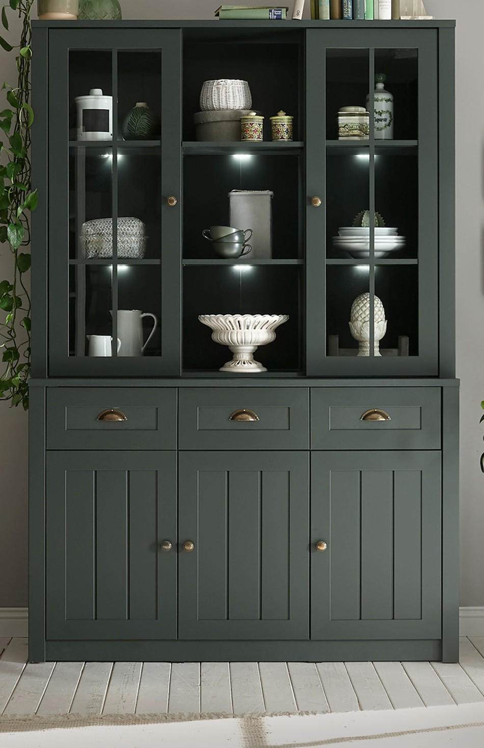 BUFFETSCHRANK grün 130 x 196 cm, Buffet im Landhaus-Stil mit viel Stauraum - Chromfarben/Schwarz, Glas/Holzwerkstoff (130/196/43cm) - Furn.Design