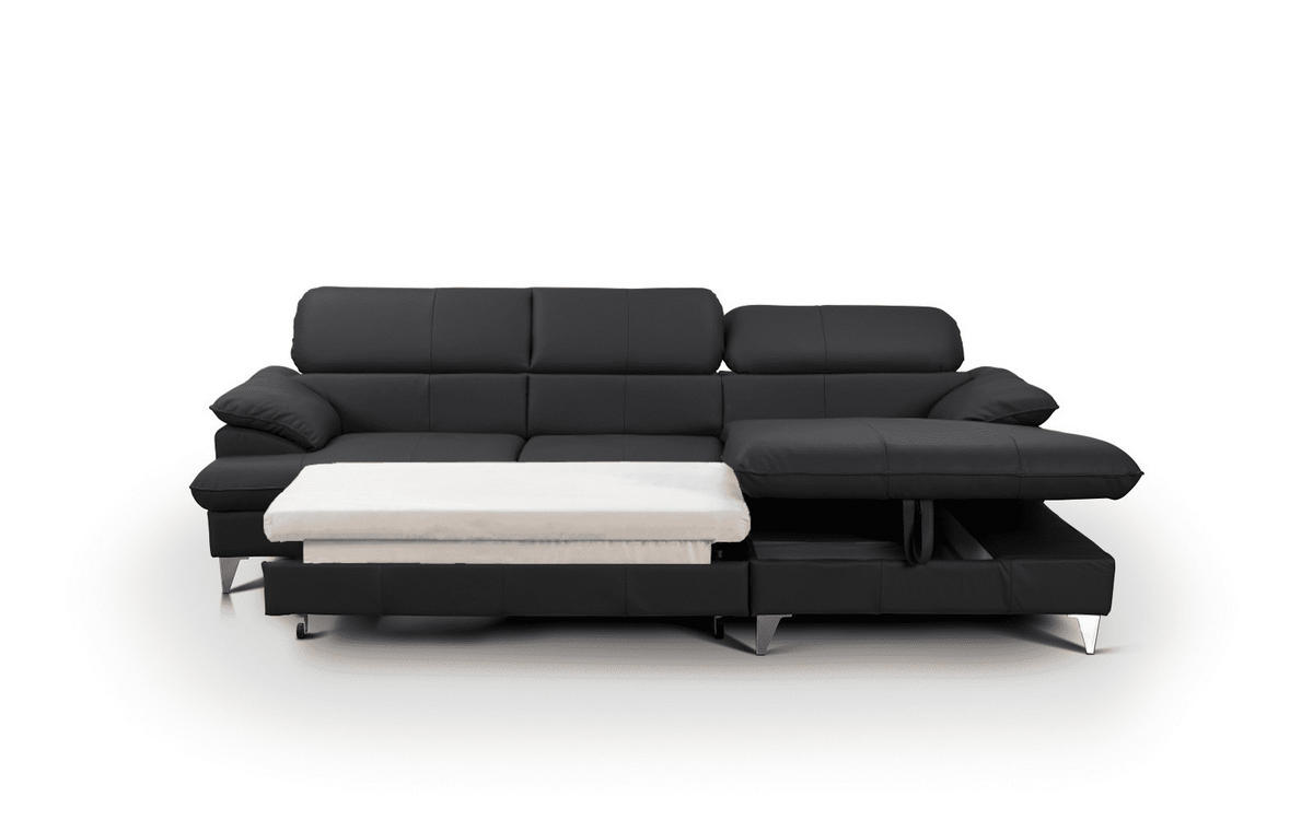 ECKSOFA mit Schlaffunktion und Bettkasten, Echtleder - Chromfarben/Schwarz, Leder/Holz (167/254cm) - Cotta