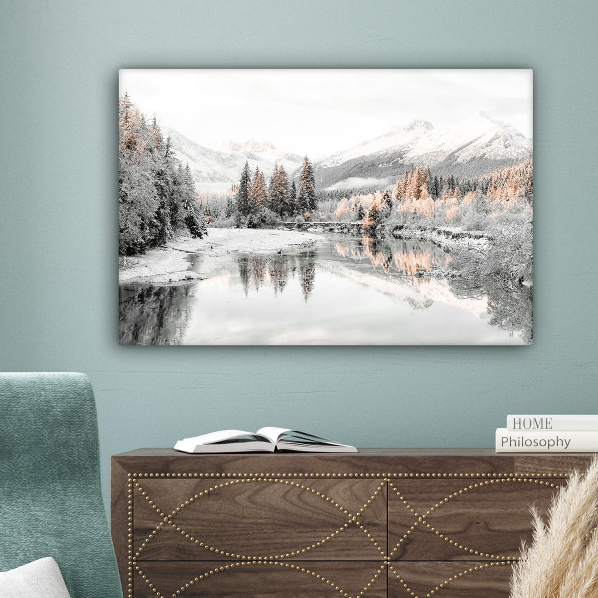 LEINWANDBILD Natur - Winter - Bäume - Berge - Schnee Wanddeko 90x60 cm - Weiß Hochglanz, Textil (90/60cm) - MuchoWow