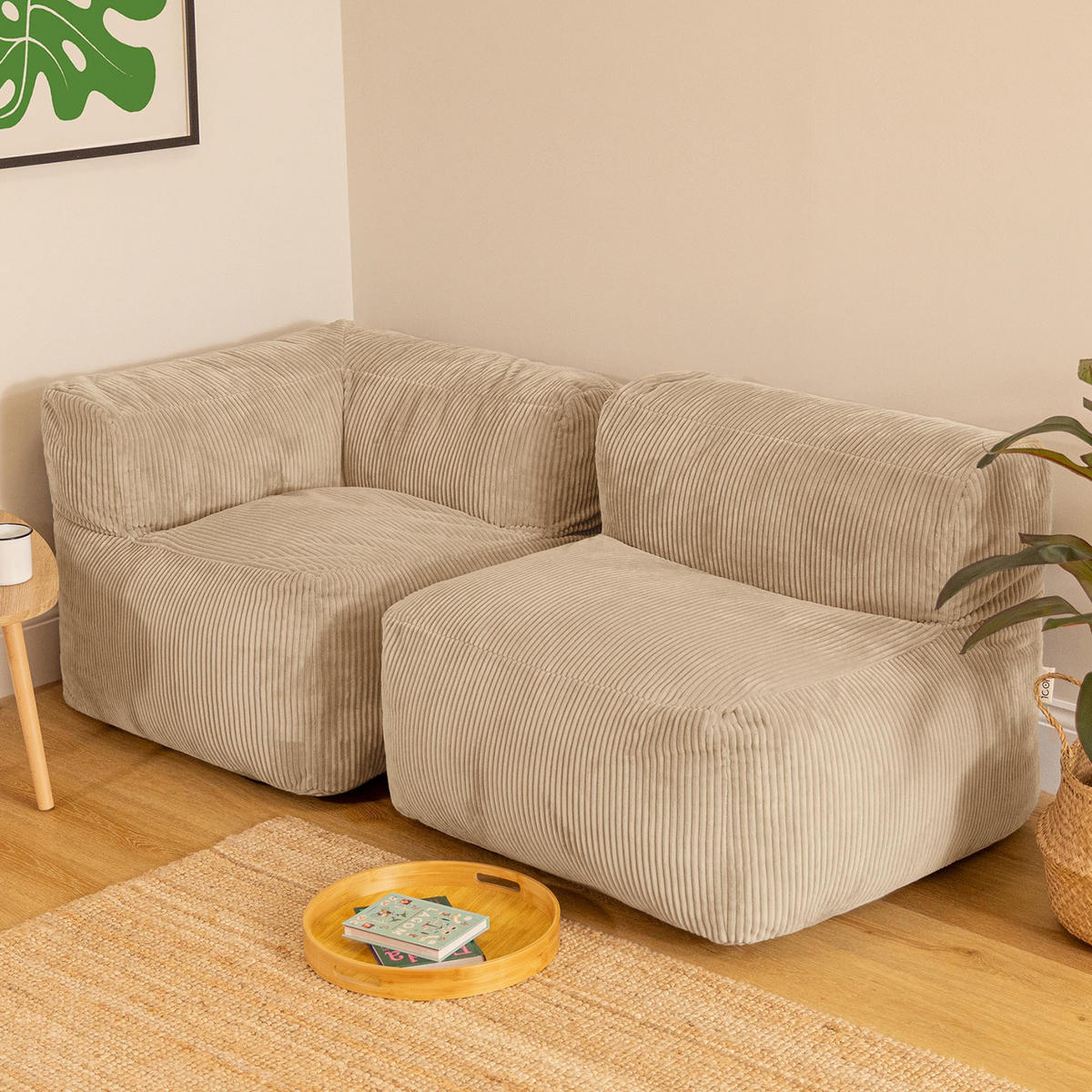 SITZSACK-SOFA 2-tlg.: Ecksessel, Sessel - Beige, Textil (195/68/100cm) - icon