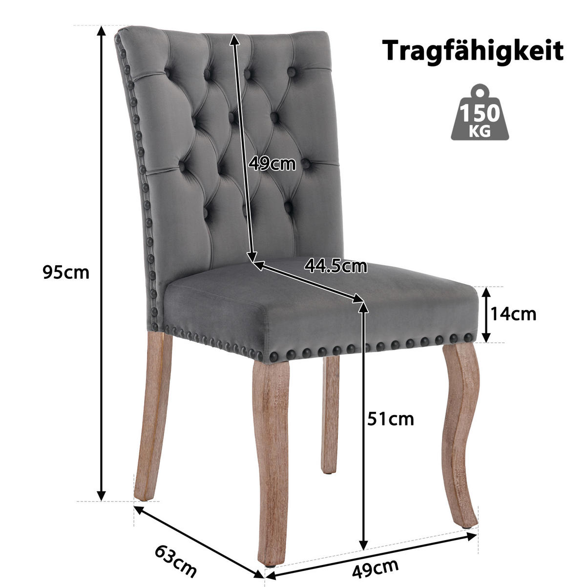 ESSZIMMERSTUHL modern Samt Grau mit Massivholzbeinen und Ziernägeln - Grau, Metall (63/95/49cm) - Meubliv