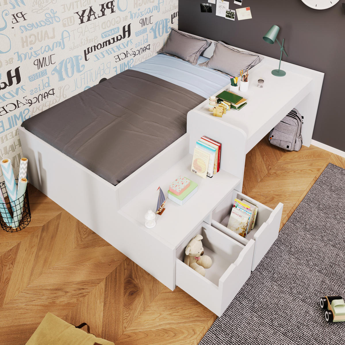 KINDERBETT 90/200 cm aus Kiefer-Massivholz und MDF mit Schreibtisch und 2 Schubladen Weiß - Weiß, Holzwerkstoff (90/200cm) - Modenvie